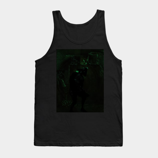 Portrait, digital collage, special processing. Bizarre. Dark man figure, like pirate. Death itself. Weird room, green, emboss. Tank Top by 234TeeUser234